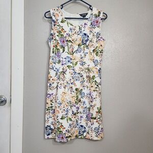 Lands' End Dress Floral Sleeveless 4 Petite Eggshell‎ Knee Length Zip